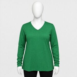 Womens XL Green V Neck Long Sleeve‎ T Shirt Cotton Basic Casual Classic Tee